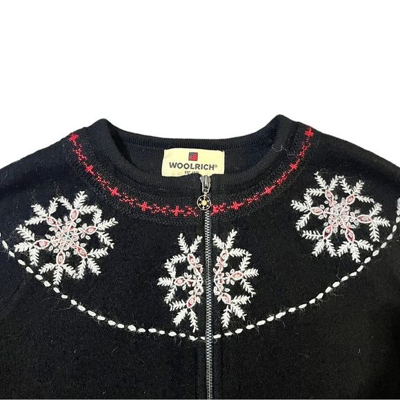 Woolrich Wool Zip Up Sweater Embroidered Snowflake Black Small - Picture 4 of 9